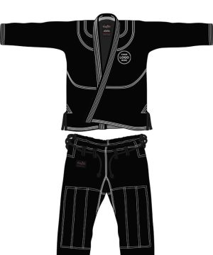 Black BJJ Gi with white stitching and custom name and logo options