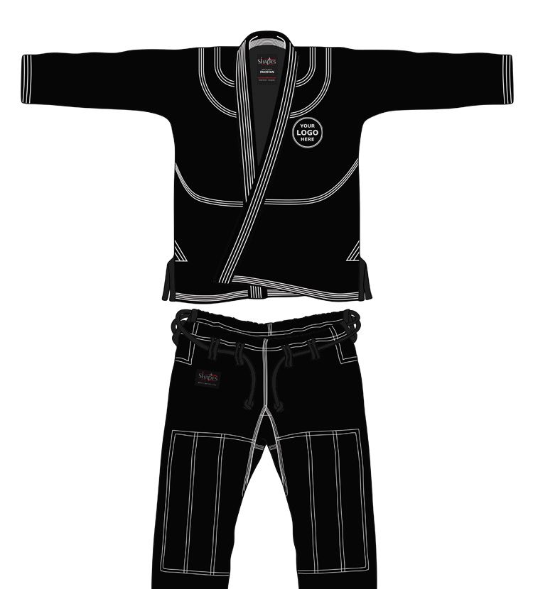 Black BJJ Gi with white stitching and custom name and logo options
