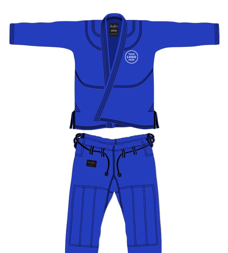 Blue Jiu Jitsu Gi with custom name and logo, includes free belt