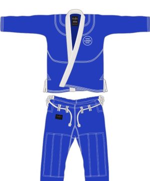 Exclusive blue BJJ Gi with custom name and logo, personalized Brazilian Jiu-Jitsu gi, includes free belt and satin bag