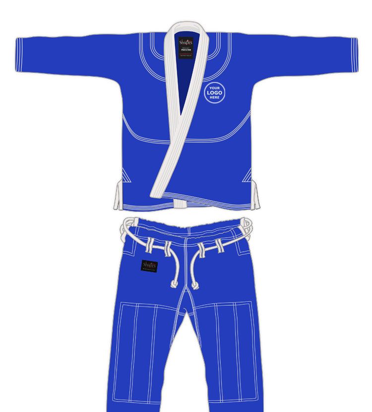Exclusive blue BJJ Gi with custom name and logo, personalized Brazilian Jiu-Jitsu gi, includes free belt and satin bag
