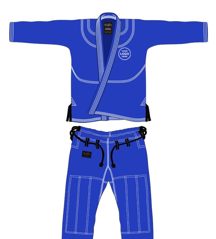 Blue-white-Stitch-BJJ-Gi-01 Blue Customized Gi for BJJ with Free Belt and Bag