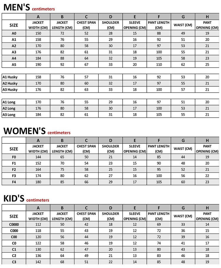 Gi-Size-chart-CM BJJ Gi size chart in CM