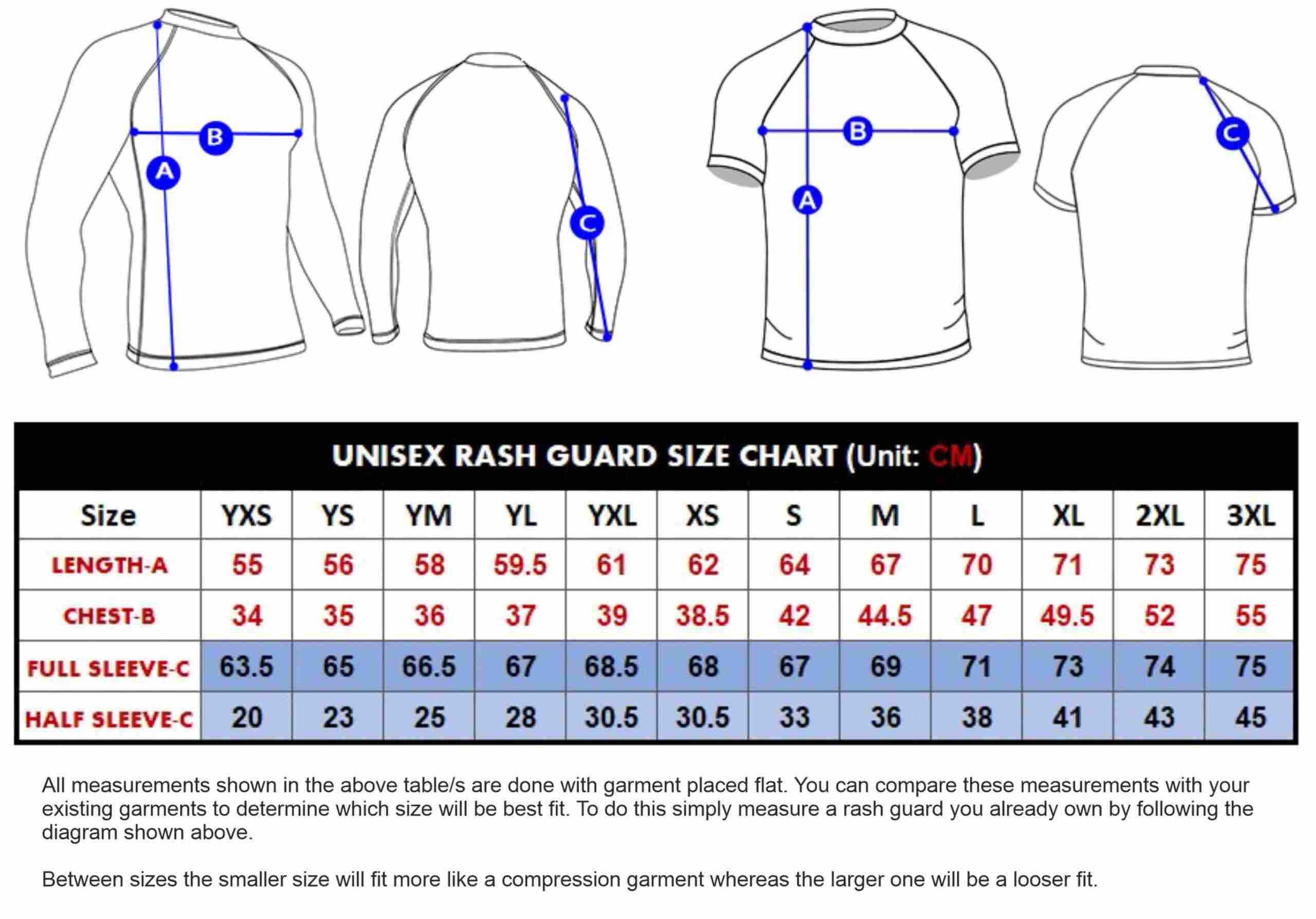Unisex Rash guards Size chart