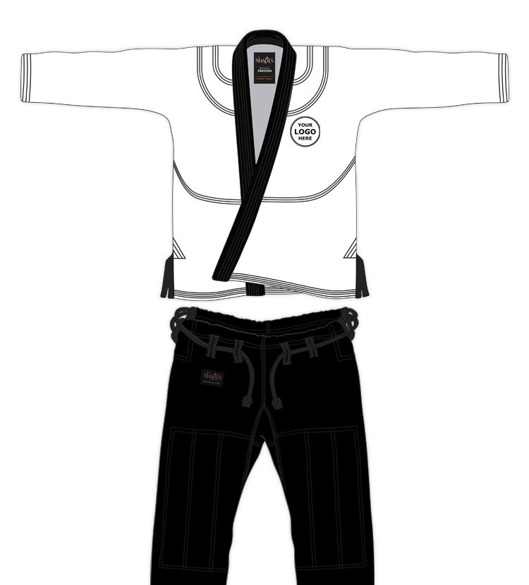 Exclusive white customized BJJ Gi with personalized name and logo, special/large sizes, includes free belt and Gi bag