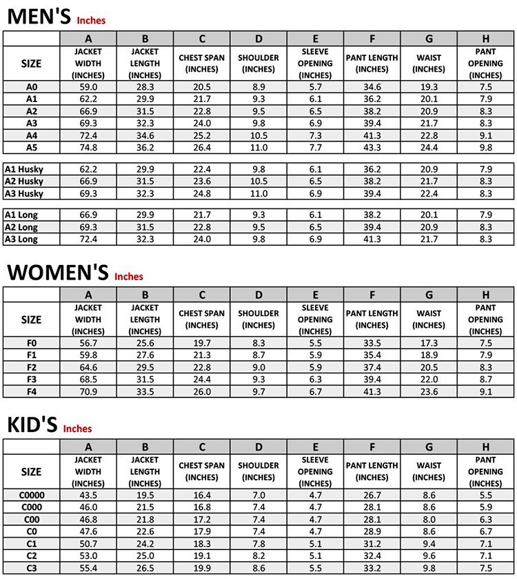Gi size chart inches