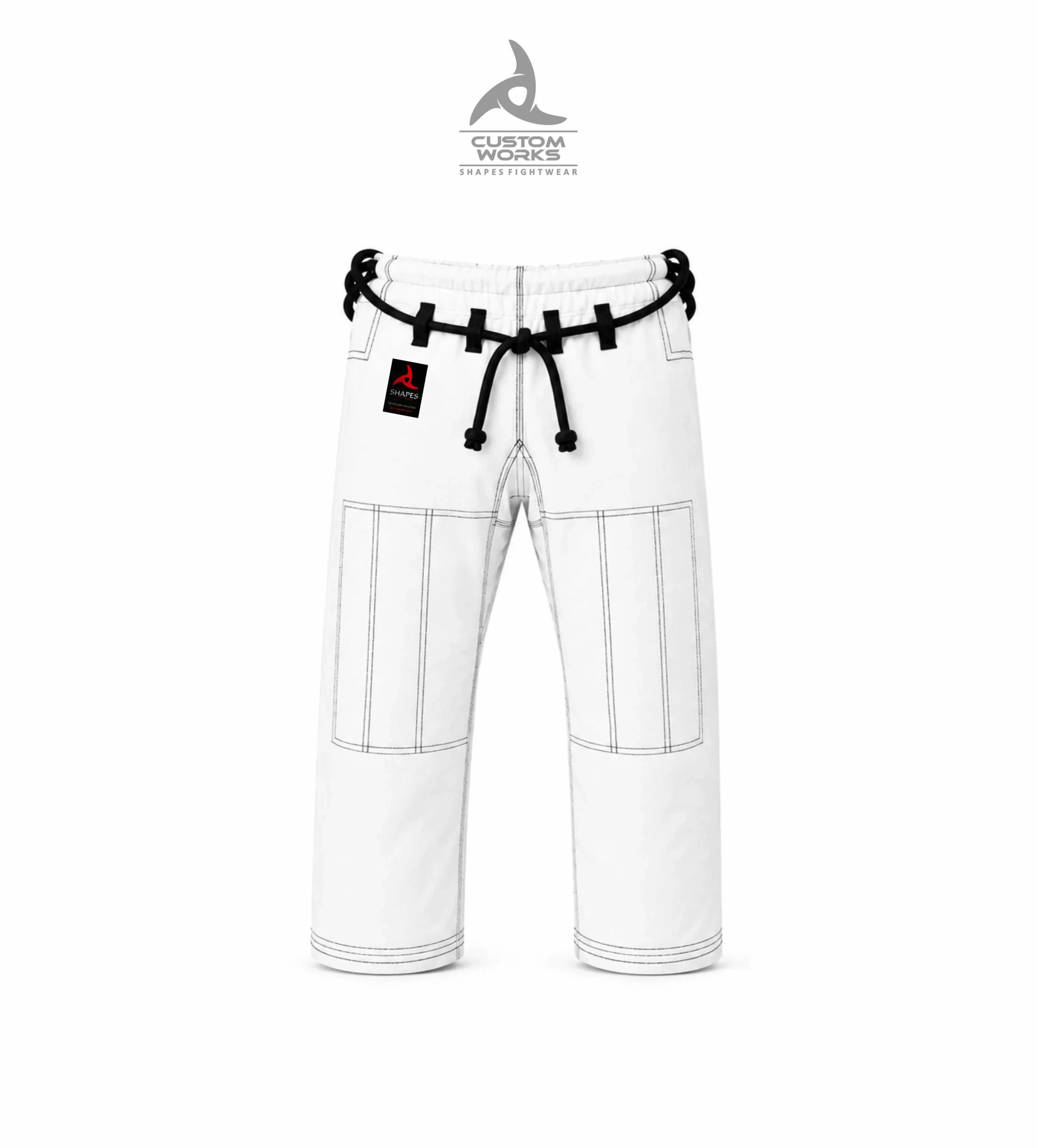 Maßgefertigte weiße BJJ-Hosen Maßgeschneiderte BJJ-Gi-Hosen mit individueller Passform, verstellbarer Länge und stilvollem Design von Shapes Fightwear